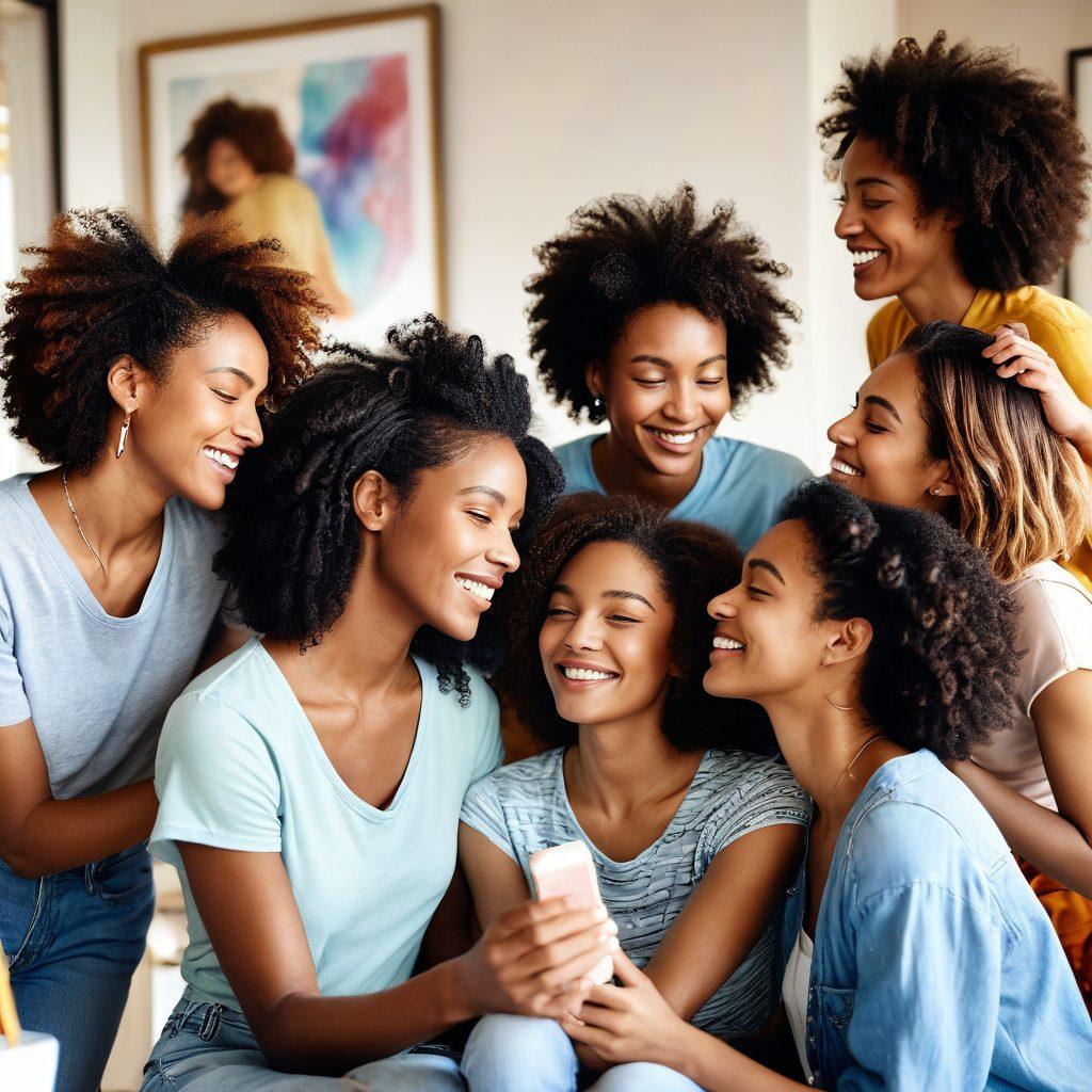 A close-up of a diverse group of friends joyfully styling each other's hair in a sunlit, cozy room, with products and tools artfully scattered around. The atmosphere is warm and inviting, featuring textures of various hair types and vibrant colors. Incorporate subtle elements like hearts and flowing hair strands to symbolize intimacy and connection. The background should be softly blurred to emphasize the joyful interaction. super-realistic. vibrant colors. cozy atmosphere.